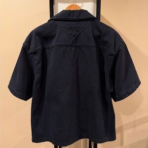 Prada Black Denim Distressed Back Logo Button Bowling Shirt